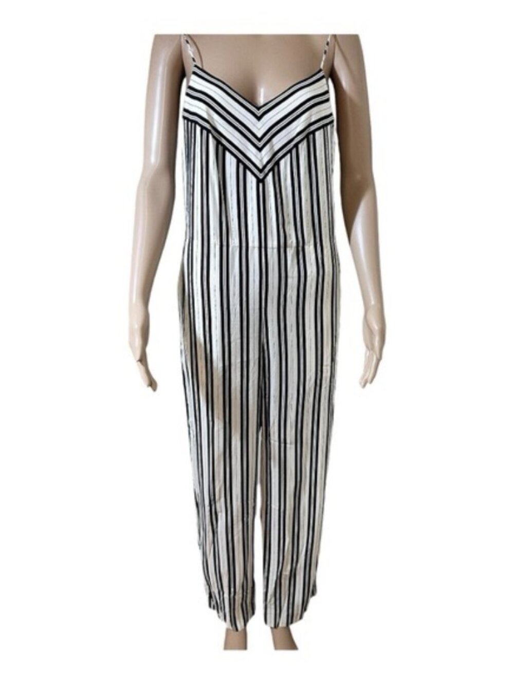 Club Monaco Strip Spaghetti Strap Jumpsuit Size 6 White Base Black